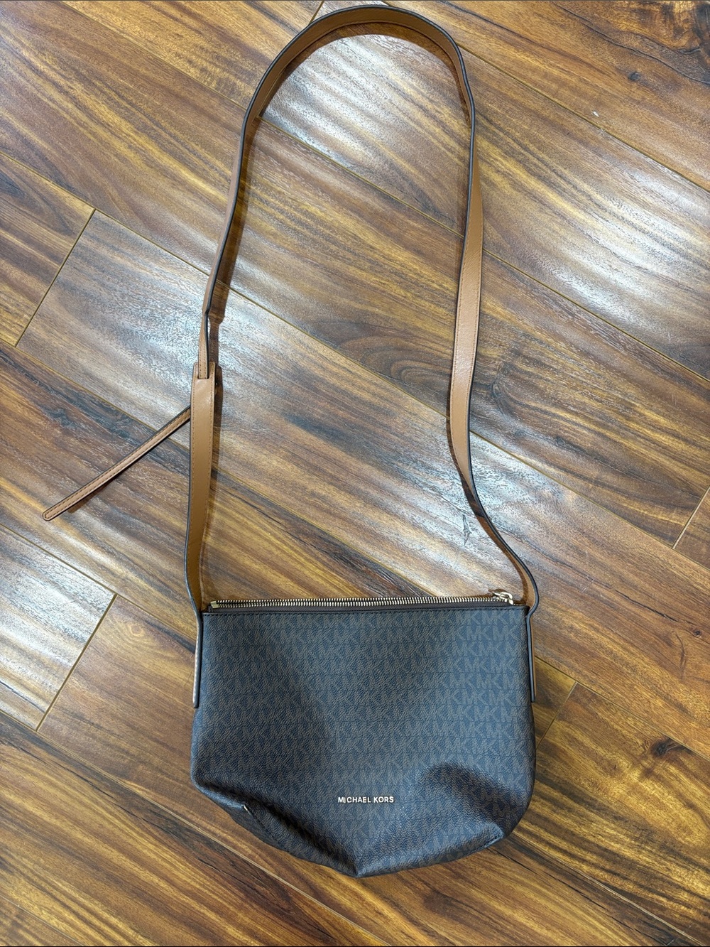 Michael Kors Brown Signature Monogram Crossbody with Tan Strap